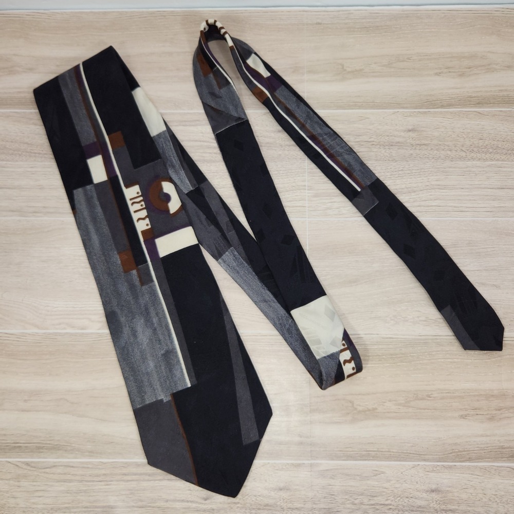 Scott Foster Abstract 100% Italian Silk Tie Black, Gray, Cream Necktie 56" x 3¾" - Picture 2 of 6